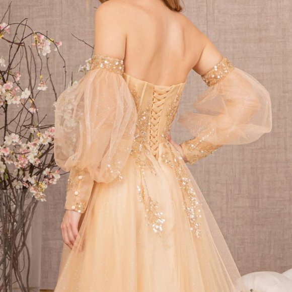 NEW OFF THE SHOULDER A-LINE EMBROIDERED SEQUINS DRESS WITH LACE UP BACK GL3118 - Picture 9 of 11